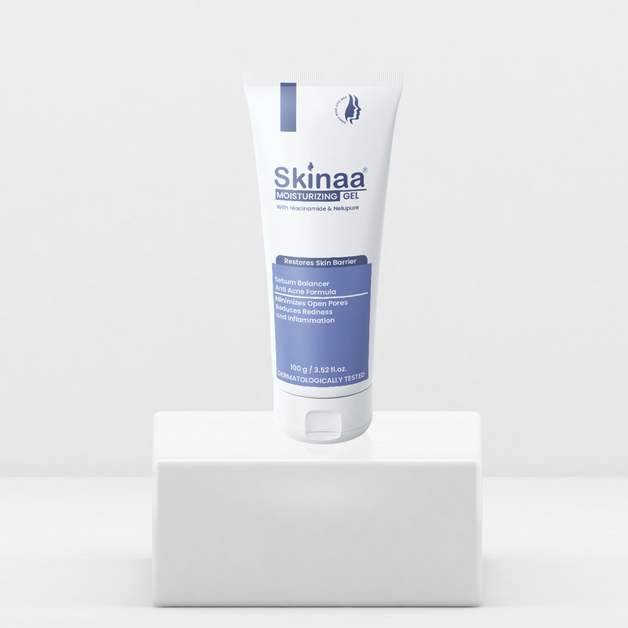 Skinaa Moisturizing Gel tube displayed on a white pedestal with minimal clean background, dermatologically tested gel for lightweight hydration and skin barrier care